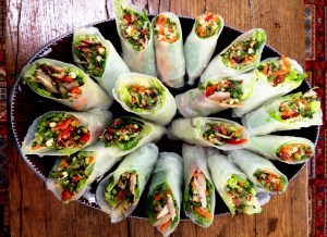 Vegetable and spiced chicken filled Vietnamese rice paper rolls