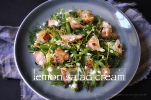 Hot smoked salmon salad with lemon salad cream