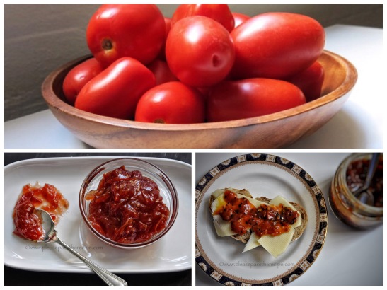 Tomatoes, tomato ginger jam, spicy tomato relish