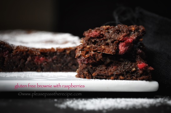 flourless chocolate brownie with raspberries
