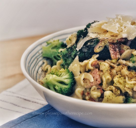 broccoli, bacon and pine nut pasta